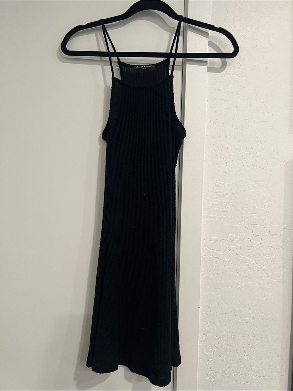 Brandy Melville Black Ribbed Midi Slip Dress with Double Spaghetti Straps